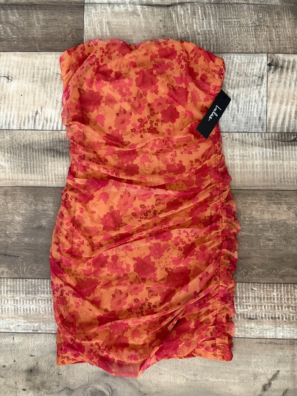 Lulu's Strapless Floral Ruched Mini Dress in Orange & Red